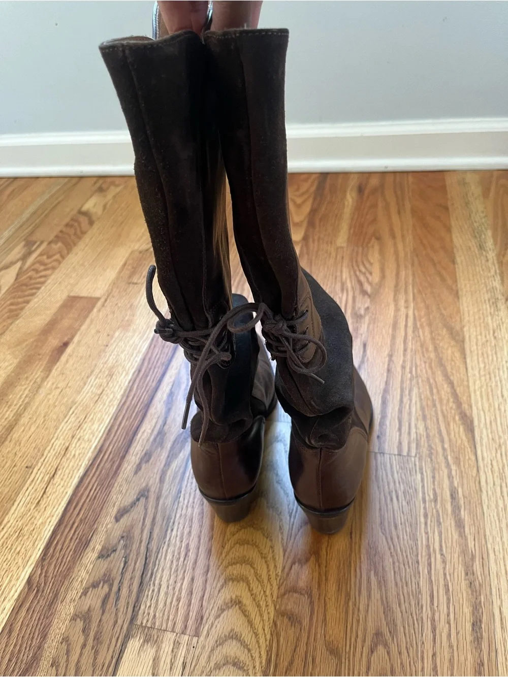 Y2K Felmini Brown Leather Suede Slouch Boots Lace Back Pointy Toe US 6.5 or 7